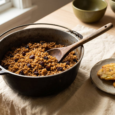 Arroz con coco frito, negrito y con pasas, en un caldero, con patacones al lado