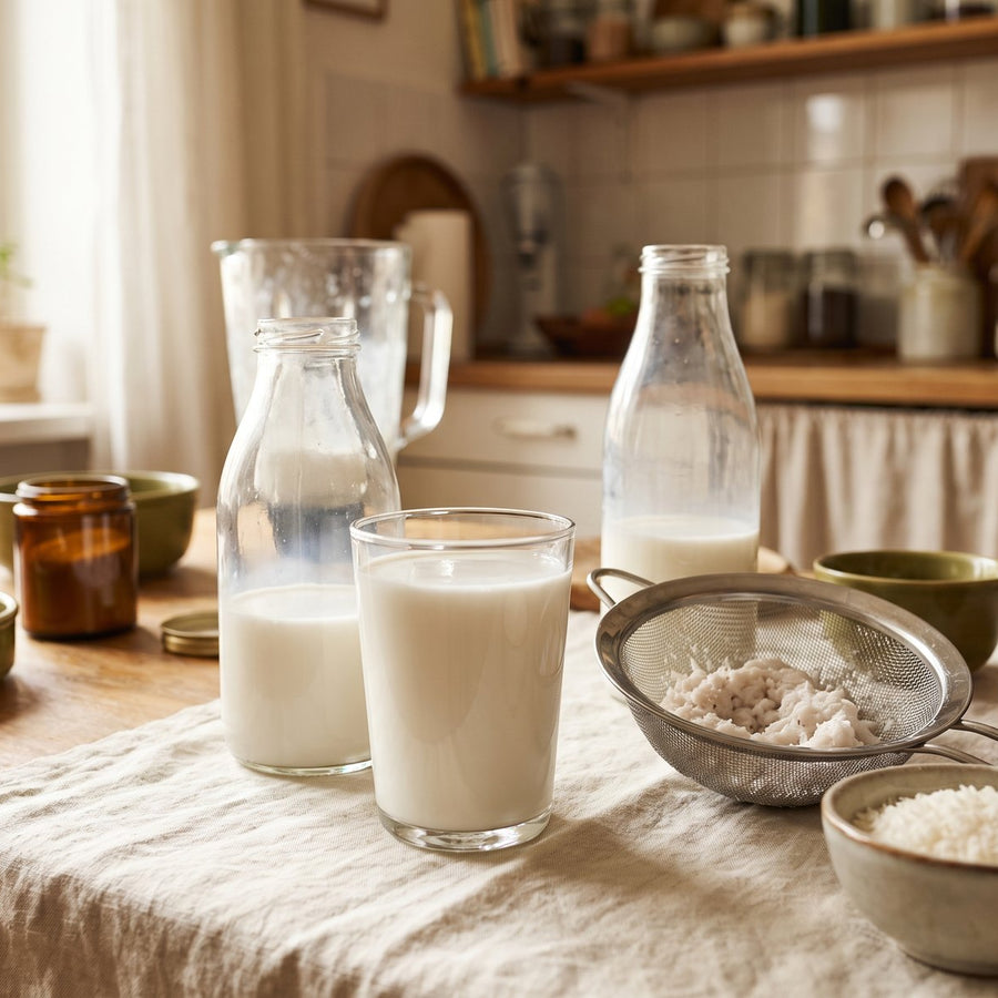 Botella y vaso de leche de coco casera junto a un colador con coco rallado