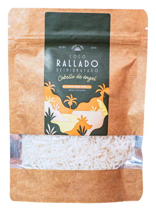 Coco rallado deshidratado natural Cocos y Más, bolsa de 100 gramos