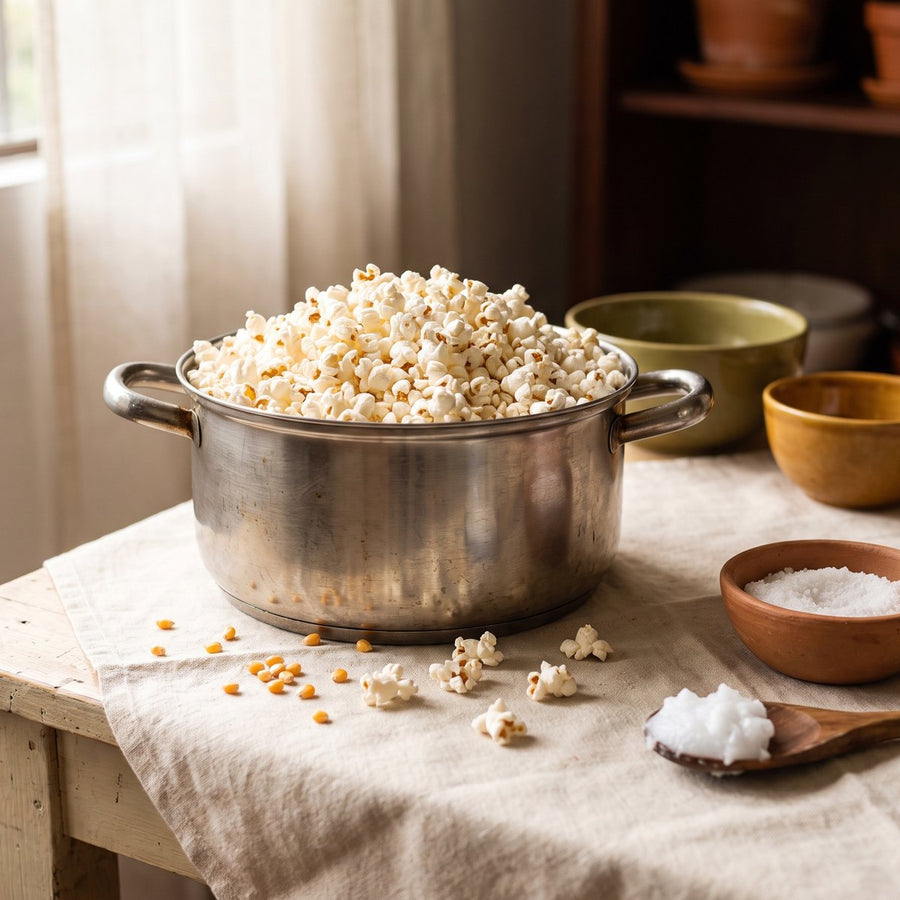 Olla llena de crispetas recién hechas, con sal y aceite de coco al lado