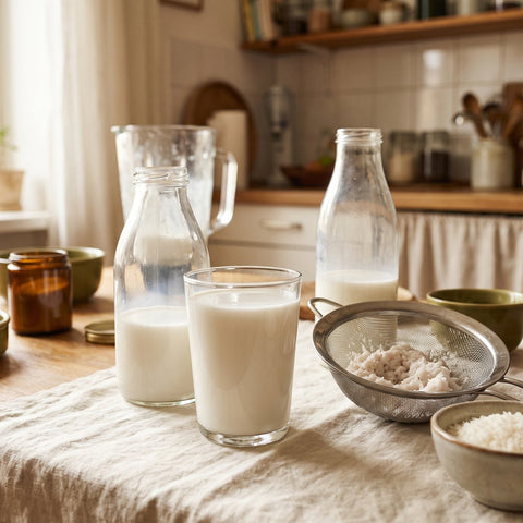Botella y vaso de leche de coco casera junto a un colador con coco rallado