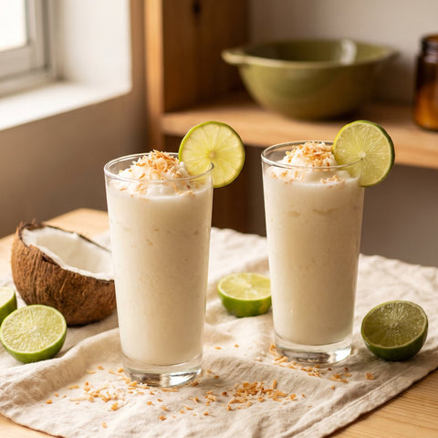 Dos vasos de limonada de coco granizada con coco tostado y una rodaja de limón
