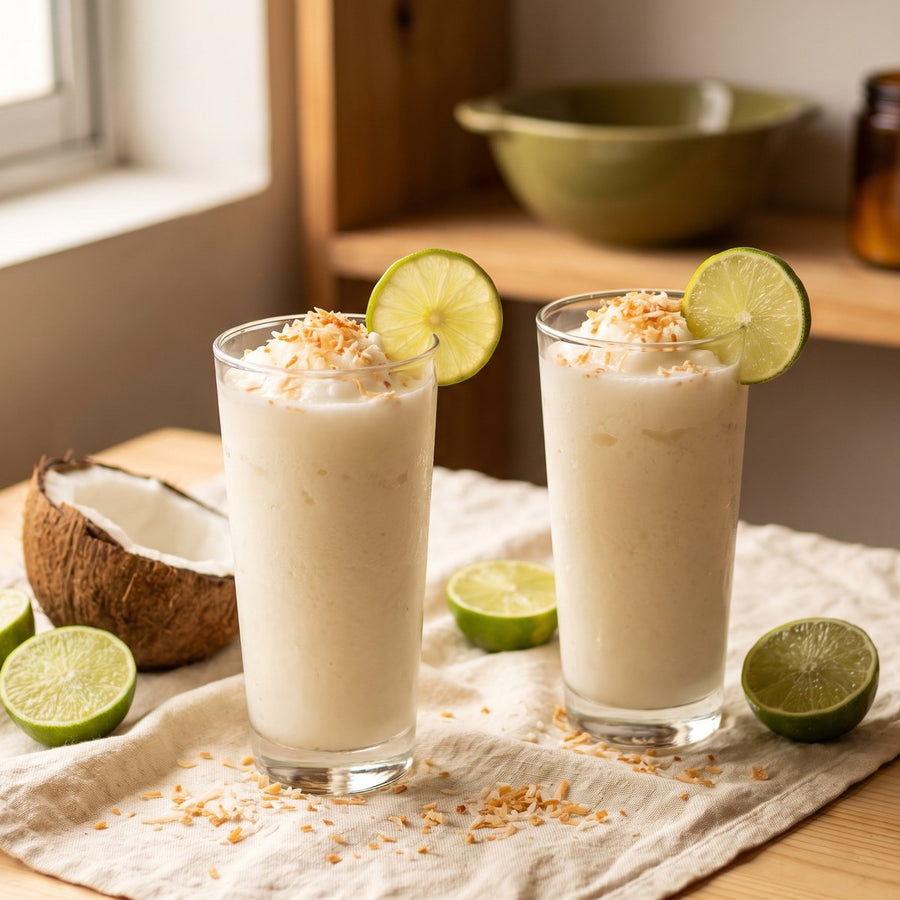 Dos vasos de limonada de coco granizada con coco tostado y una rodaja de limón