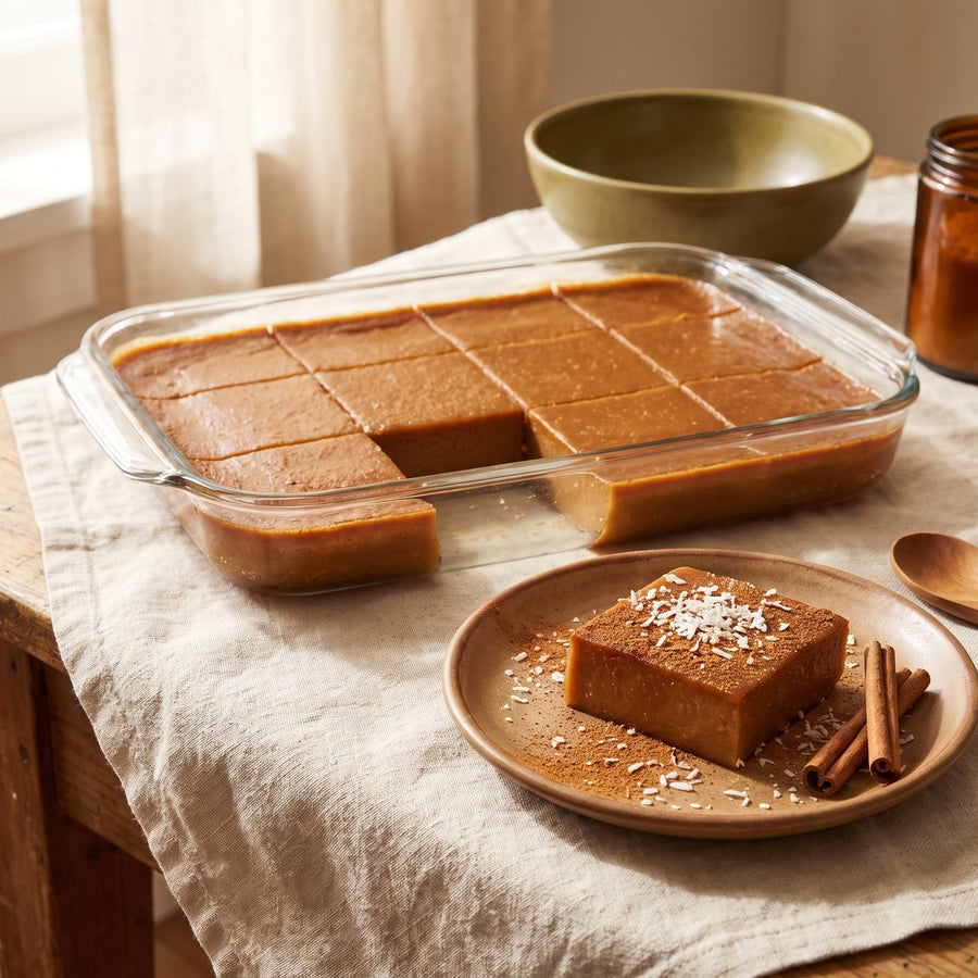 Natilla de coco con canela, cortada en cuadros, en un molde de vidrio