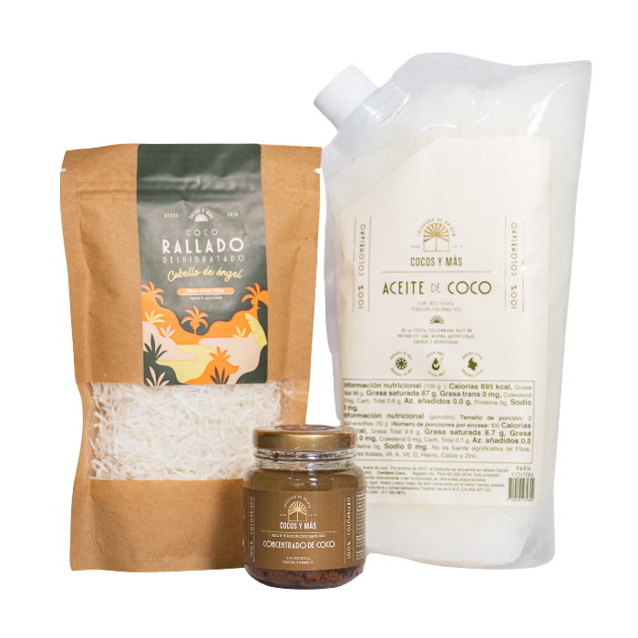 Aceite de Coco 1Kg + Frasco Concentrado de coco para Arroz + 1 Paquete de Coco Natural Deshidratado.