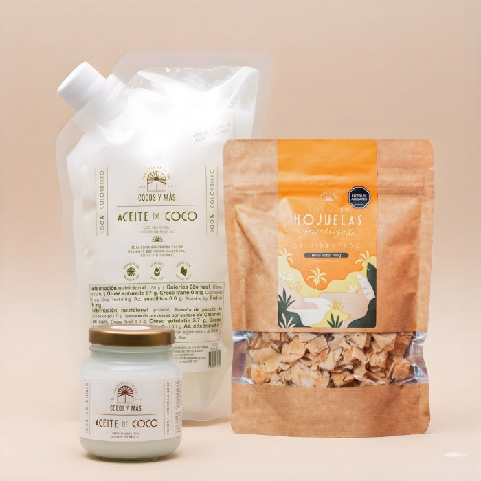 Aceite de Coco 1Kg + Frasco 100mL + 1 Paquete de Coco Deshidratado en Hojuelas Caramelizado