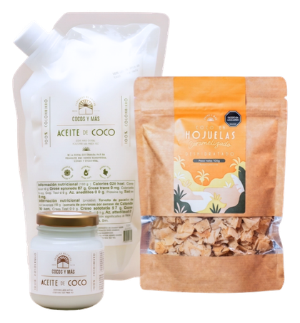 Bolsa de 1 kilo de aceite de coco, frasco de 100 ml y hojuelas de coco