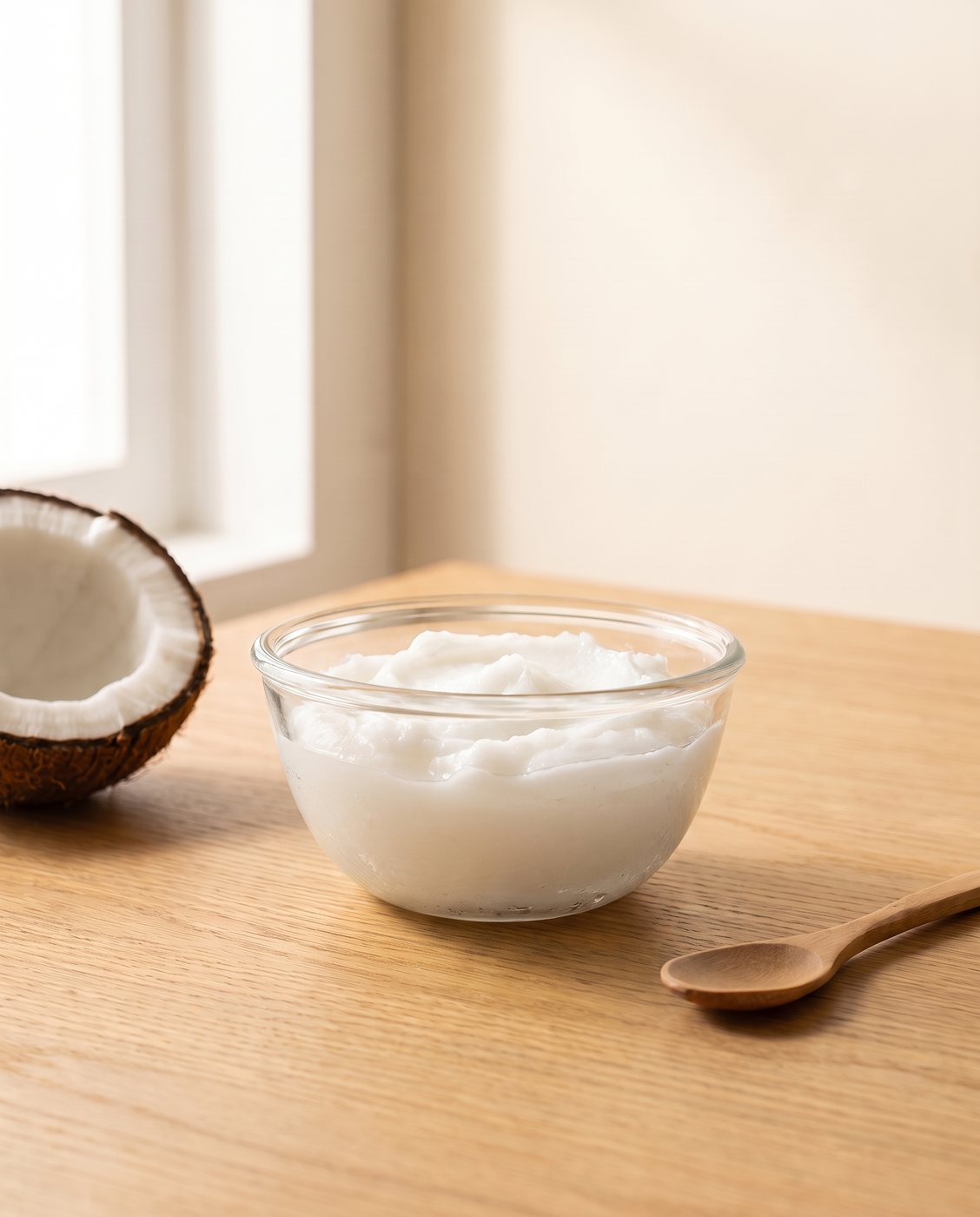 Tazón de vidrio con aceite de coco sólido y blanco, junto a medio coco y una cuchara de madera