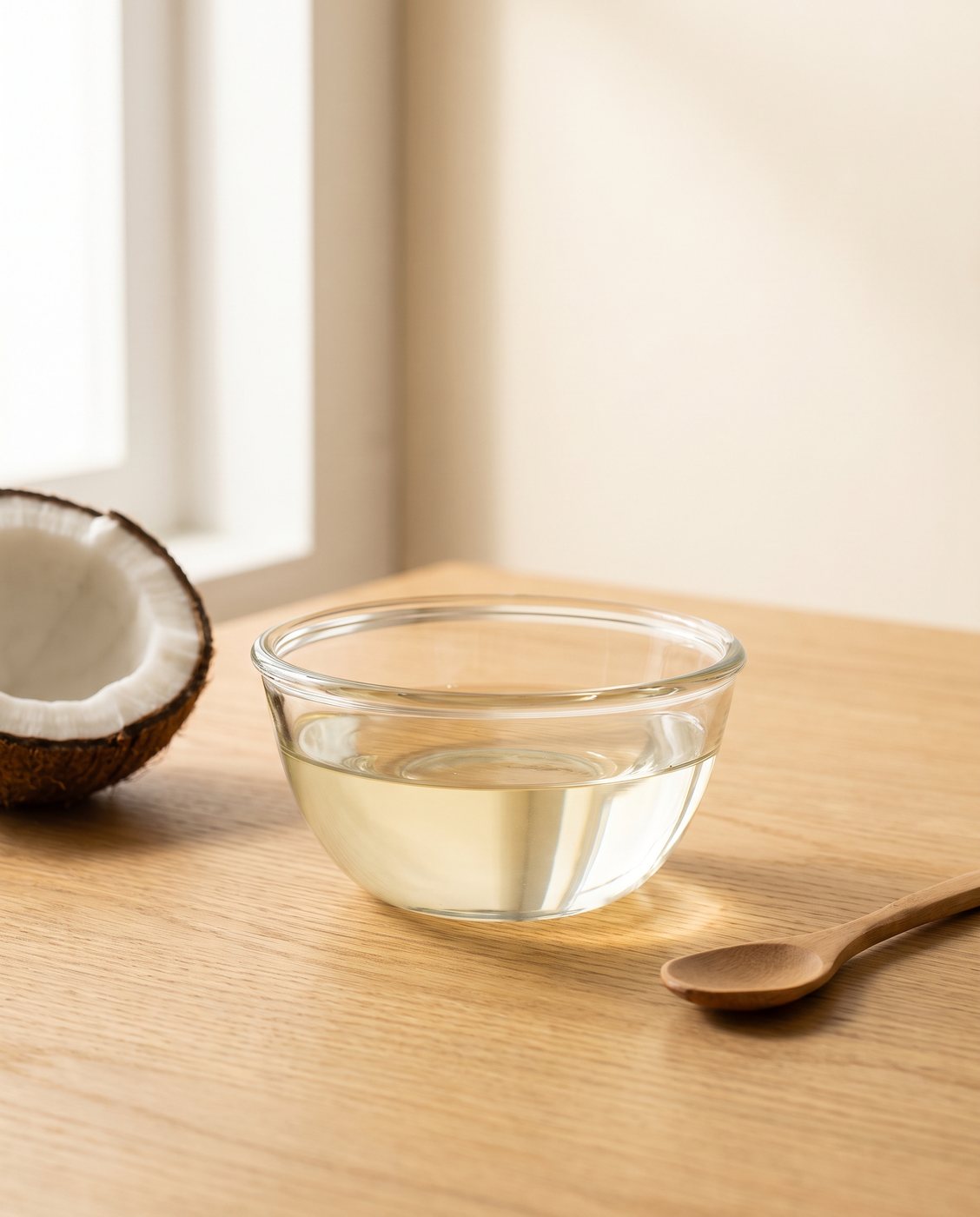 El mismo tazón con el aceite de coco líquido y transparente