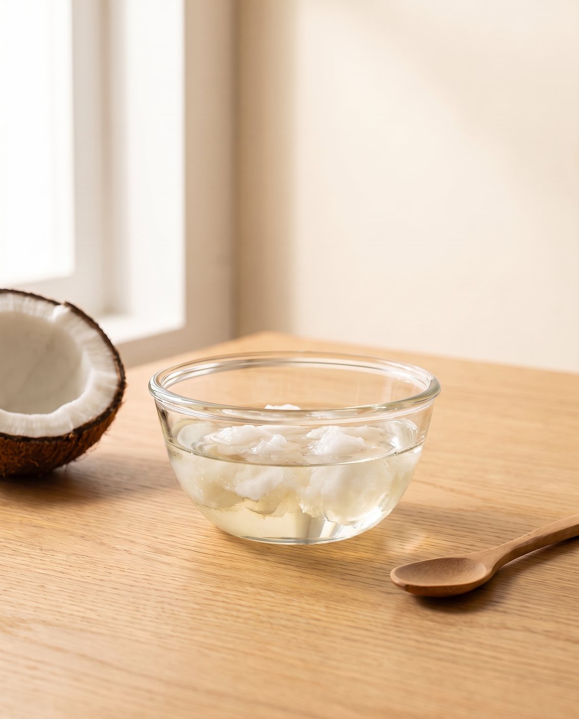 El mismo tazón con el aceite de coco a medio derretir